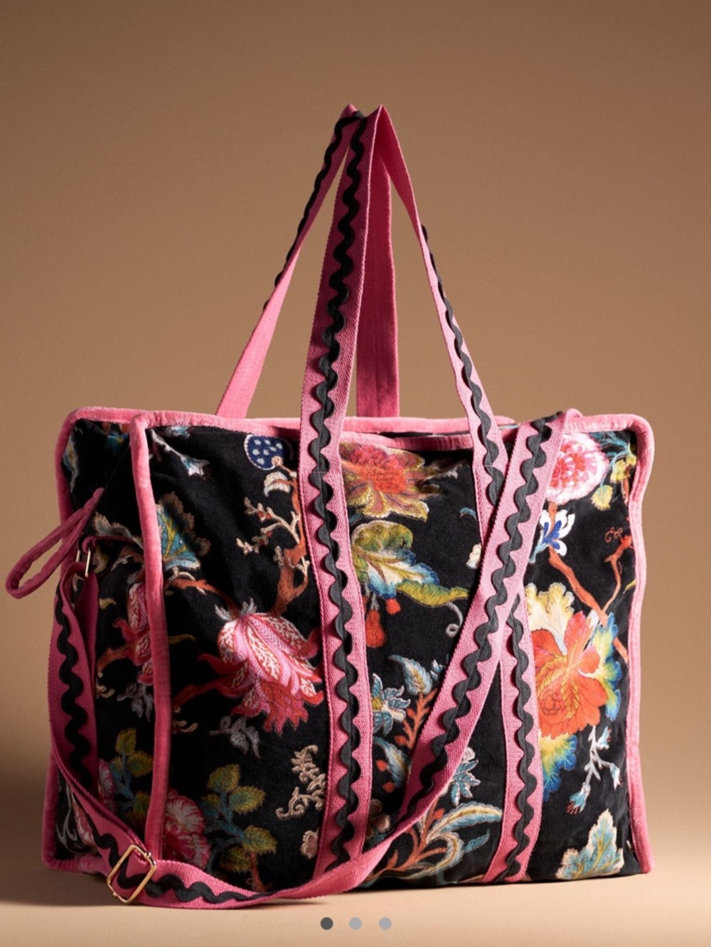 Anthropologie Black Floral Tote with Pink Trim